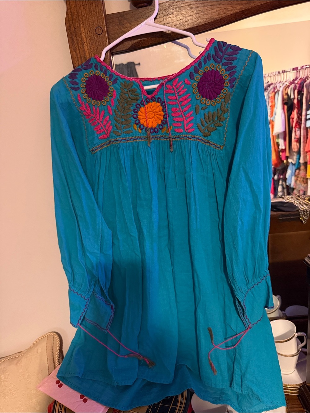 Hand Crafted one of a kind Turquoise Tunic with Multicolor Embroidered Yoke